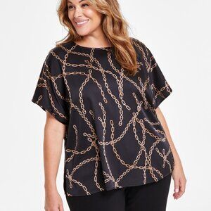 Anne Klein Plus Size Chain-Print Dolman-Sleeve Top – Black – 2X – NWT